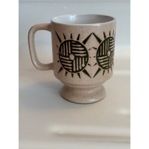 Vintage Speckled Stoneware Footed Mug Geometric Sunburst Tribal Green Tan Coffee